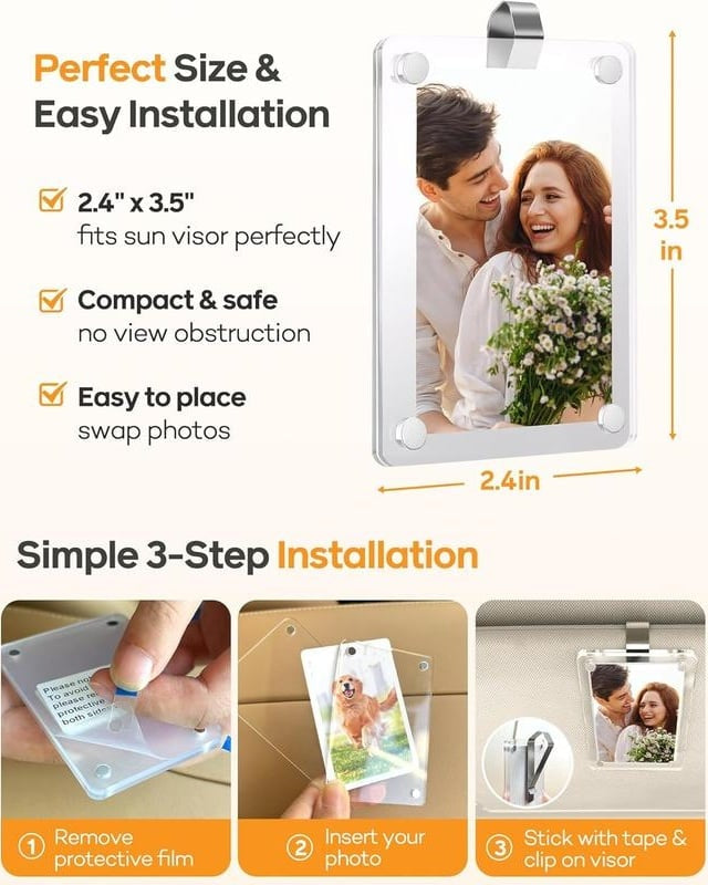 Vertical Car Sun Visor Photo Frame Clips | Acrylic Snap Clips – Universal Fit for All Cars
