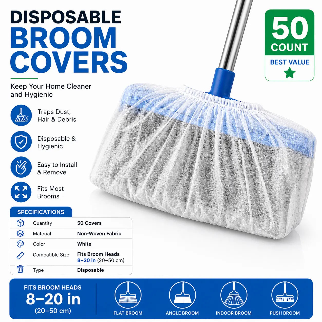 Disposable Broom Dust Covers, Non-Woven Dust Catcher Covers for Most Standard Brooms, Traps Dust, Hair & Debris