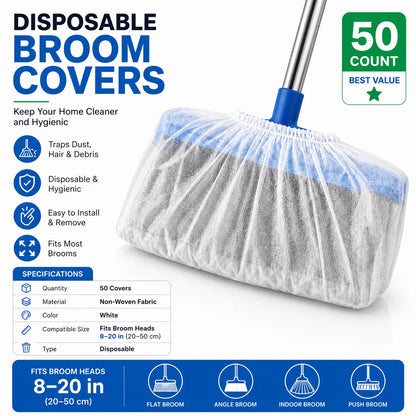 Disposable Broom Dust Covers, Non-Woven Dust Catcher Covers for Most Standard Brooms, Traps Dust, Hair & Debris