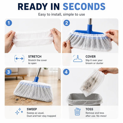 Disposable Broom Dust Covers, Non-Woven Dust Catcher Covers for Most Standard Brooms, Traps Dust, Hair & Debris