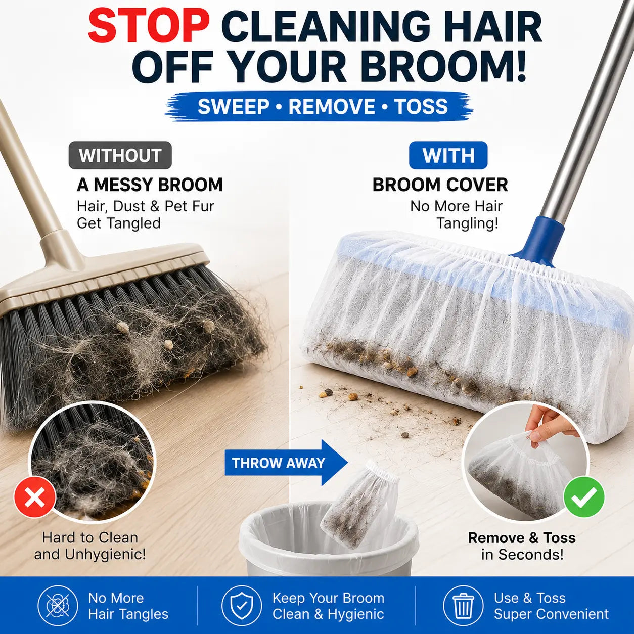 Disposable Broom Dust Covers, Non-Woven Dust Catcher Covers for Most Standard Brooms, Traps Dust, Hair & Debris