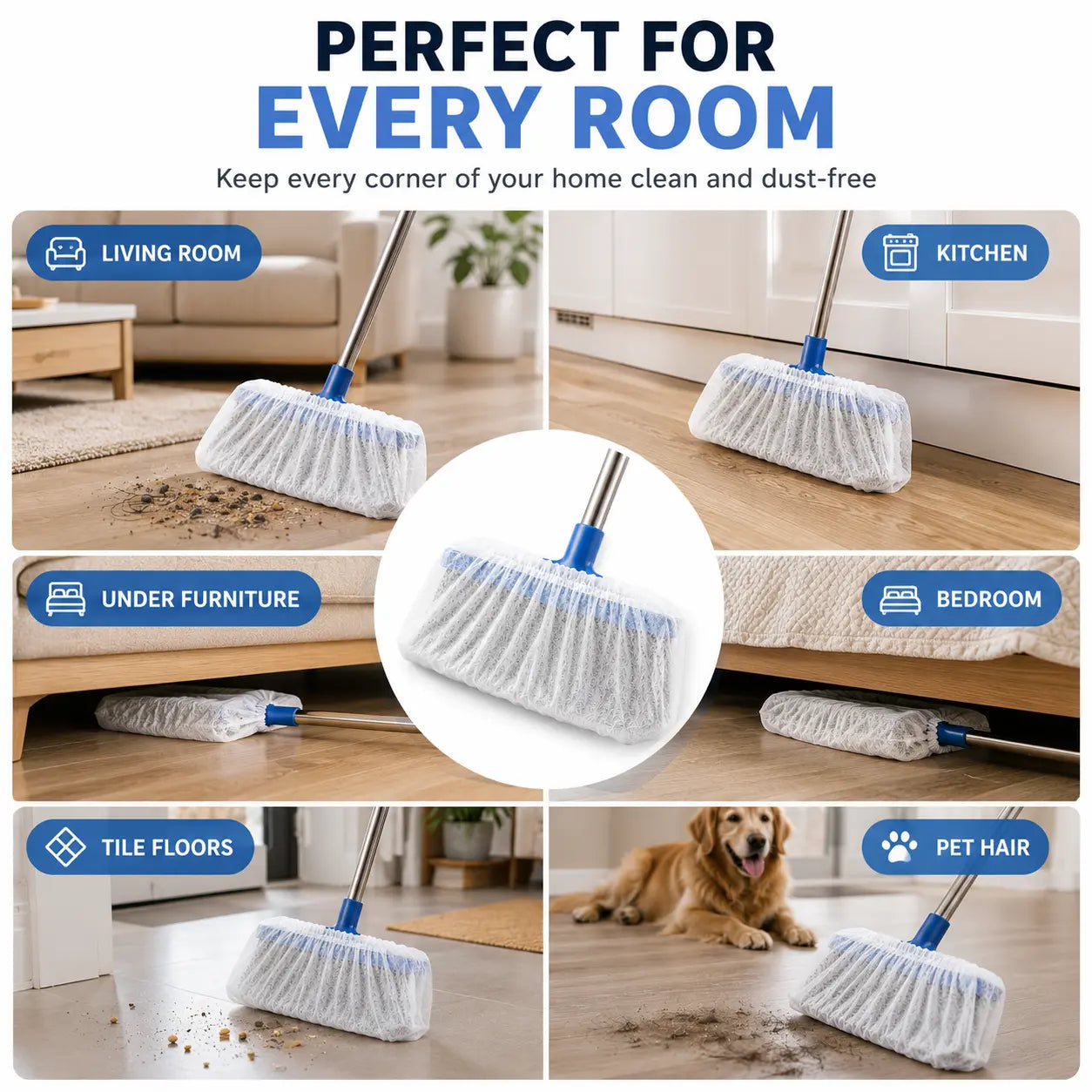 Disposable Broom Dust Covers, Non-Woven Dust Catcher Covers for Most Standard Brooms, Traps Dust, Hair & Debris